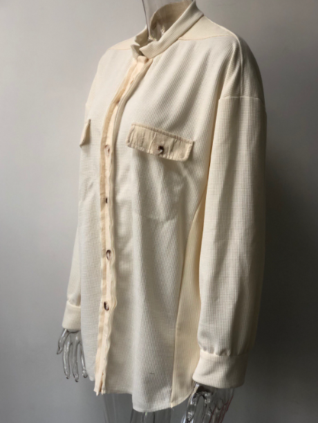 Casual Polo Collar Pocket Stitching Irregular Asymmetric Shacket in Coats & Jackets